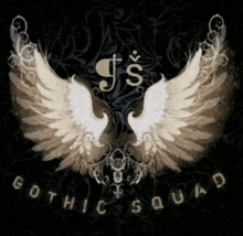 a gothic squad logo with white wings and a cross on a black background