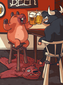 a cartoon drawing of a bull sitting at a table with a sign that says beer in the background