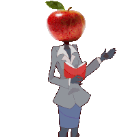 a cartoon of a woman with an apple head holding a book