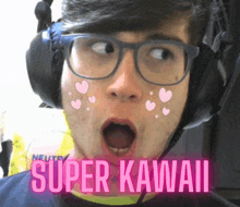 a man wearing glasses and headphones with the words super kawaii written on the bottom