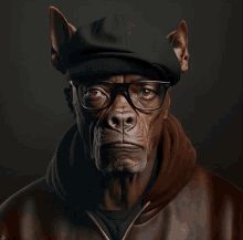 a brown dog wearing glasses and a hat