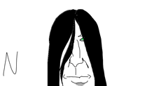 a black and white drawing of a man with long hair and green eyes