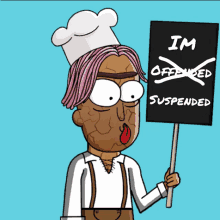 a cartoon chef is holding up a sign that says i 'm suspended