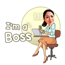 a cartoon of a woman sitting at a desk with the words i 'm a boss below her