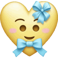 a yellow heart with a blue bow on its face