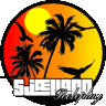 a logo with palm trees , birds and the sun in a circle