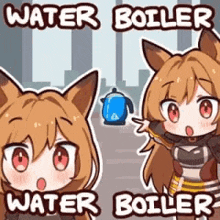 a cartoon of a girl standing next to a water boiler and a water boiler .