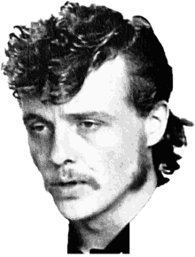 a black and white photo of a man with a ponytail and a mustache