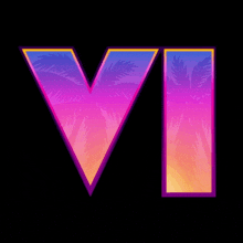 the letter v is surrounded by palm trees in a colorful gradient