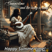 a woman sits on a porch swing playing a banjo with the words summertime and the living is easy below her