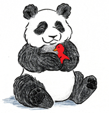 a drawing of a panda bear holding a red bird