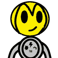 a cartoon drawing of a robot with a yellow face and black eyes