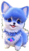 a blue and white dog with hearts around its neck is smiling