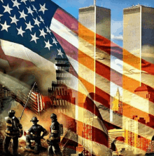 a painting of firefighters standing in front of the twin towers of the world trade center