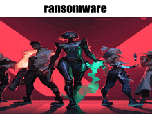 a group of people standing in front of a red background with the word ransomware above them