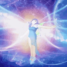 a pixel art of a fairy in a blue dress flying through the air