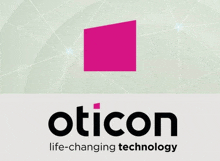 a logo for oticon life-changing technology with a pink square in the center