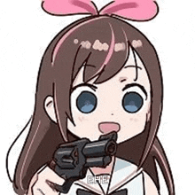 a cartoon girl with a pink bow is holding a gun .