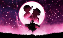 a silhouette of a woman with a butterfly on her ear stands in front of a full moon