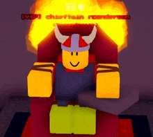 a roblox character with horns is sitting in a chair with a fire background