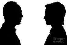 a silhouette of a man and a woman facing each other with fineart america written on the bottom