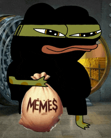 a cartoon character holding a bag of memes in front of a vault