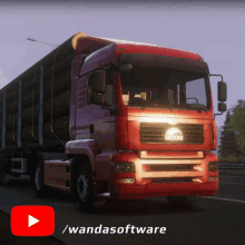 a red man truck is driving down a road