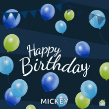 a birthday card with blue and green balloons that says happy birthday mickey