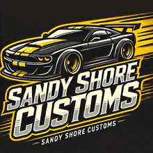 a logo for sandy shore customs with a black and yellow sports car