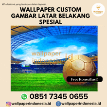 an ad for wallpaper custom gambar latar belakang spesial with a soccer ball on a field