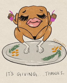 a drawing of a turkey on a plate with the words " it 's giving thanks " below it