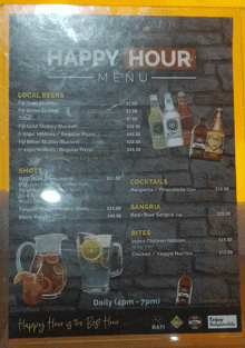 a menu for a happy hour with shots and cocktails