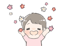 a cartoon drawing of a child with flowers flying around his head