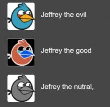 three angry birds with the words jeffrey the evil jeffrey the good and jeffrey the nutral on them