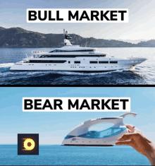 a picture of a yacht next to a picture of an iron with the words bull market and bear market on it