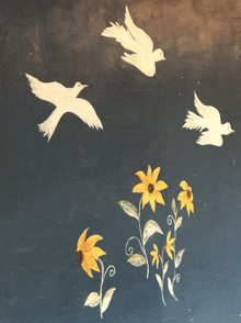 a painting of birds and sunflowers on a dark blue background