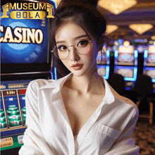 a woman wearing glasses stands in front of a slot machine that says museum bola casino