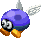 a pixel art of a blue bird with wings and a sword .