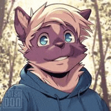 a furry character wearing a blue hoodie and smiling .