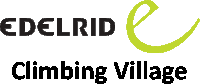 a logo for edelrid climbing village with a green swirl