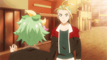 two anime characters with green hair are standing next to each other on a street