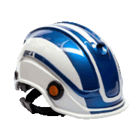 a blue and white safety helmet with a black strap