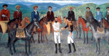 a painting of a man shaking hands with another man in front of horses