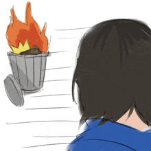 a drawing of a person looking at a trash can with a fire coming out of it