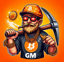 a cartoon illustration of a man holding a pickaxe and wearing a bitcoin hat