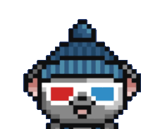 a pixel art drawing of a monkey wearing a blue hat and 3d glasses