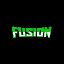 the word fusion is written in green and white on a black background