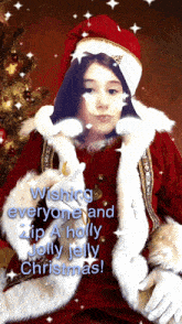 a girl dressed as santa claus wishes everyone a holly jolly christmas