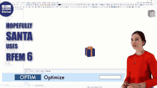 a woman in a red sweater stands in front of a computer screen that says hopefully santa uses rfem 6