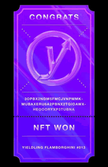 a purple ticket that says congrats nft won on it